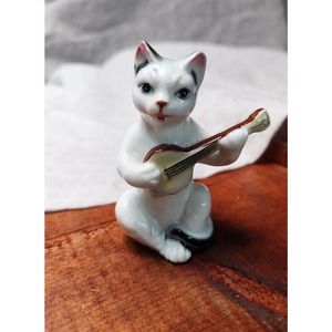 Banjo Playing Cat, Bone China, Small Cat Figurine